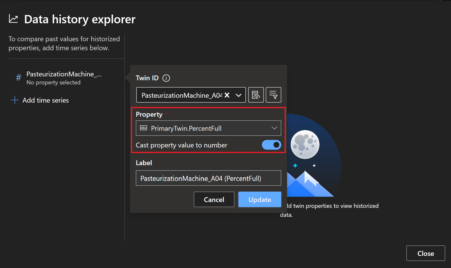 Captura de pantalla del explorador de historial de datos con los detalles de la propiedad resaltados.