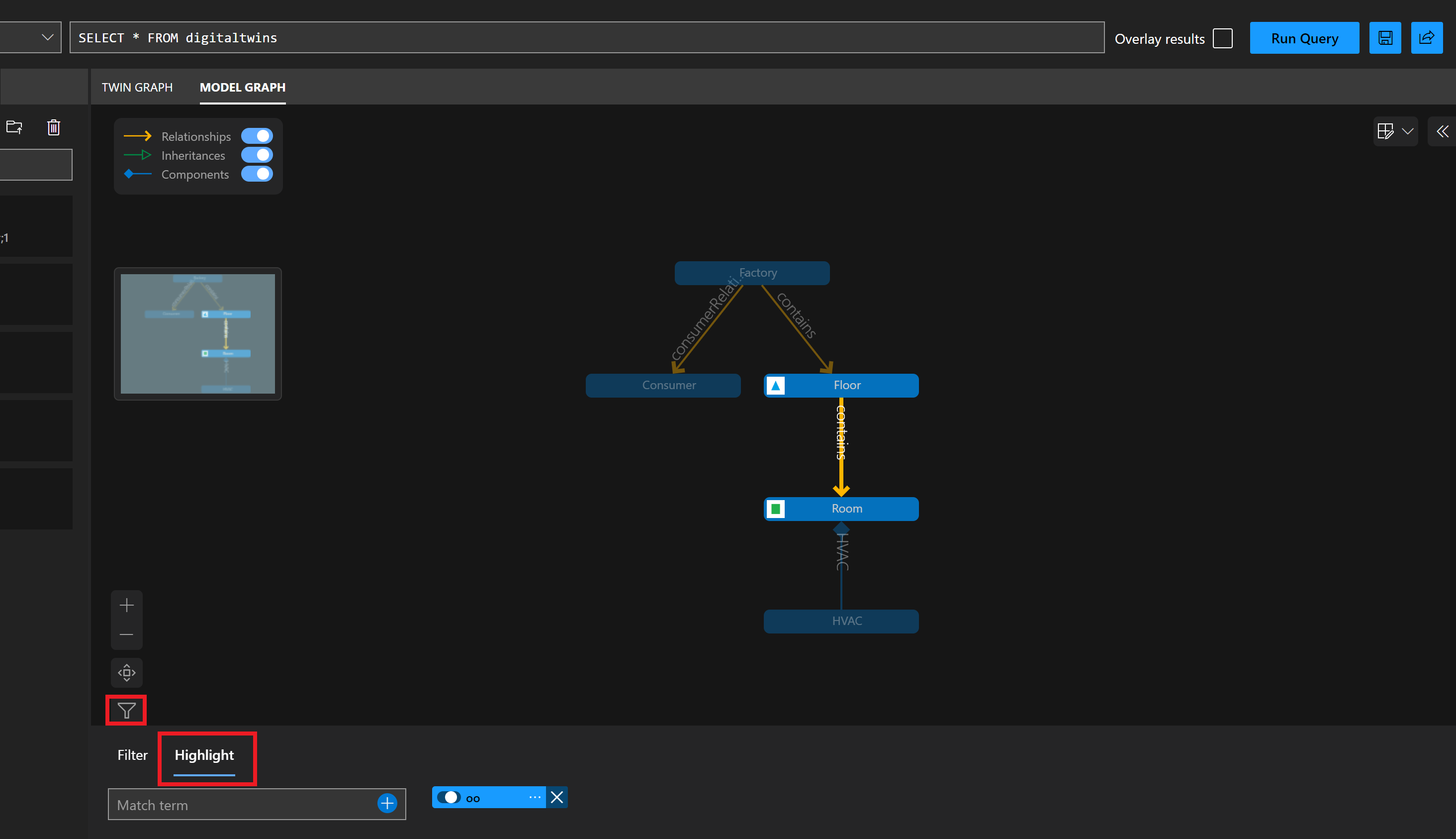 Captura de pantalla del panel Model Graph (Grafo de modelos) de Azure Digital Twins Explorer. Está seleccionado el icono de filtro de texto, que muestra la pestaña Highlight (Resaltar) donde puede escribir un término de búsqueda.