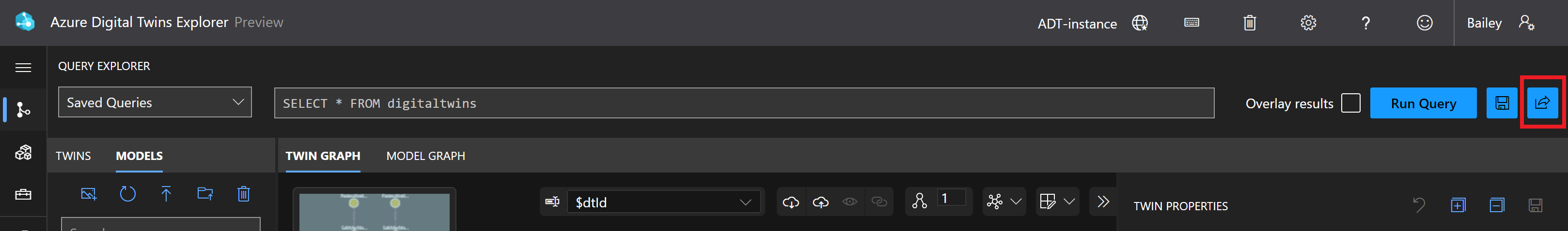 Captura de pantalla del panel Query Explorer (Explorador de consultas) de Azure Digital Twins Explorer. Solo está resaltado el botón Enviar.