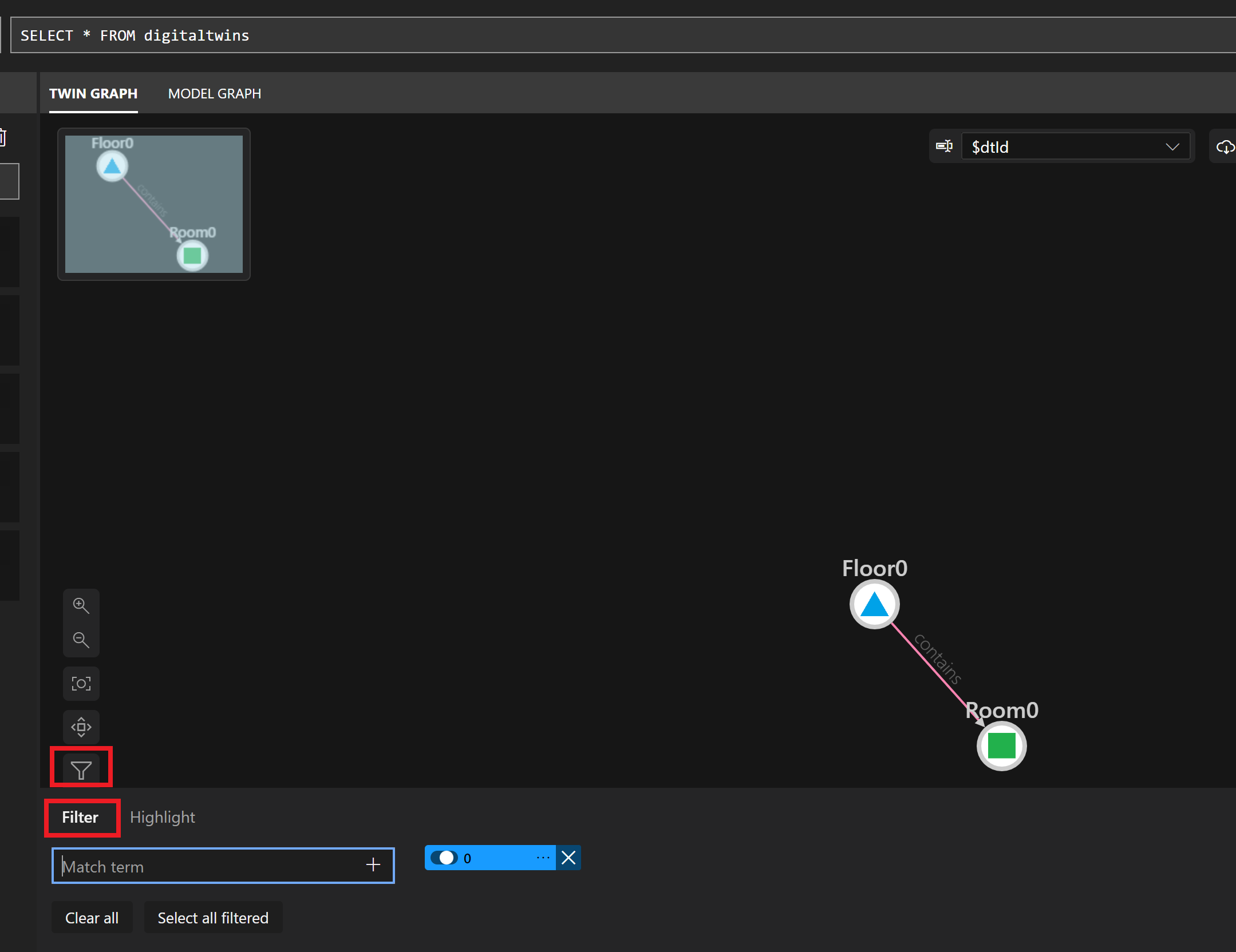 Captura de pantalla del panel Twin Graph (Grafo de gemelos) de Azure Digital Twins Explorer. Está seleccionado el icono de filtro de texto, que muestra la pestaña Filter (Filtro) donde puede escribir un término de búsqueda.