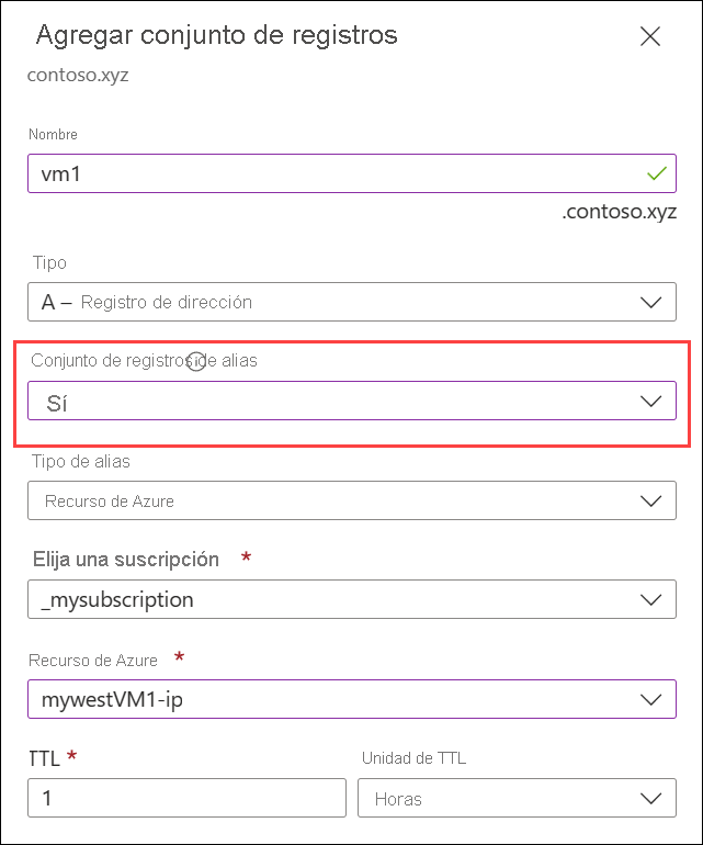 A screenshot showing how to add an alias record set.