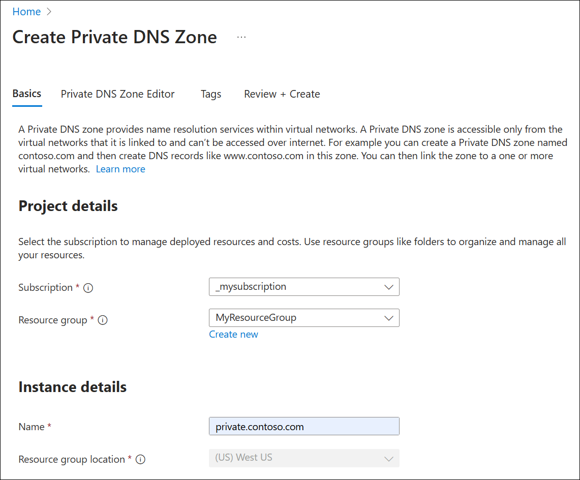Captura de pantalla de la creación de una zona DNS privada.