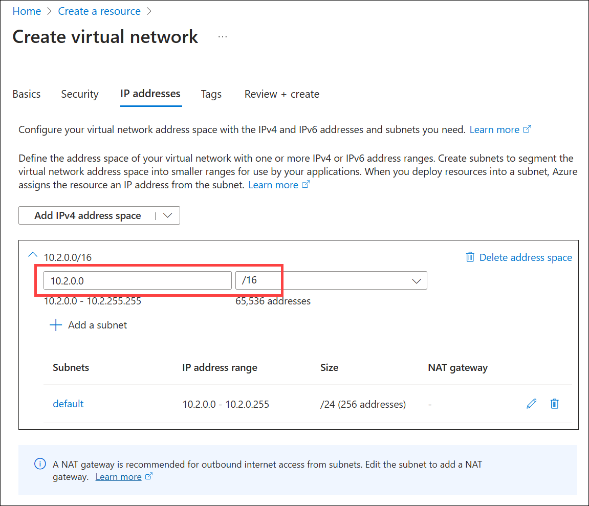 Captura de pantalla de la especificación del espacio de direcciones IPv4 de la red virtual.