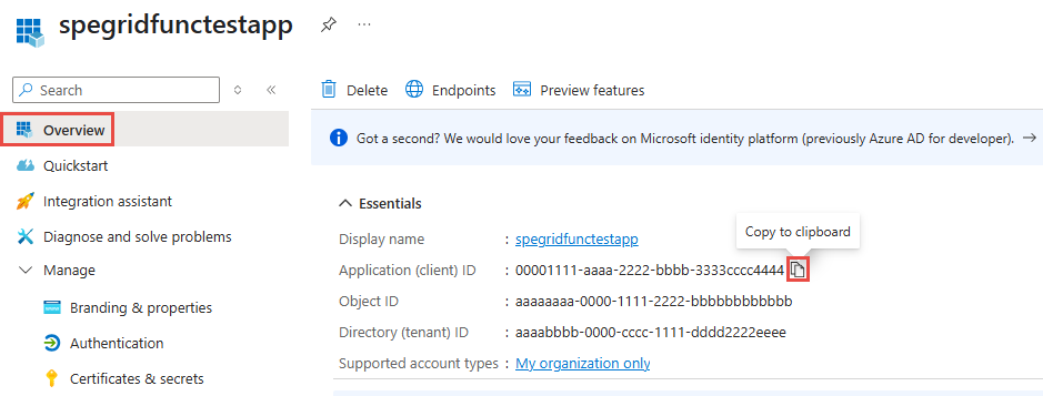 Recorte de pantalla que muestra la página de información general de una aplicación de Microsoft&nbsp;Entra&nbsp;ID con el id. de la aplicación (cliente) resaltado.