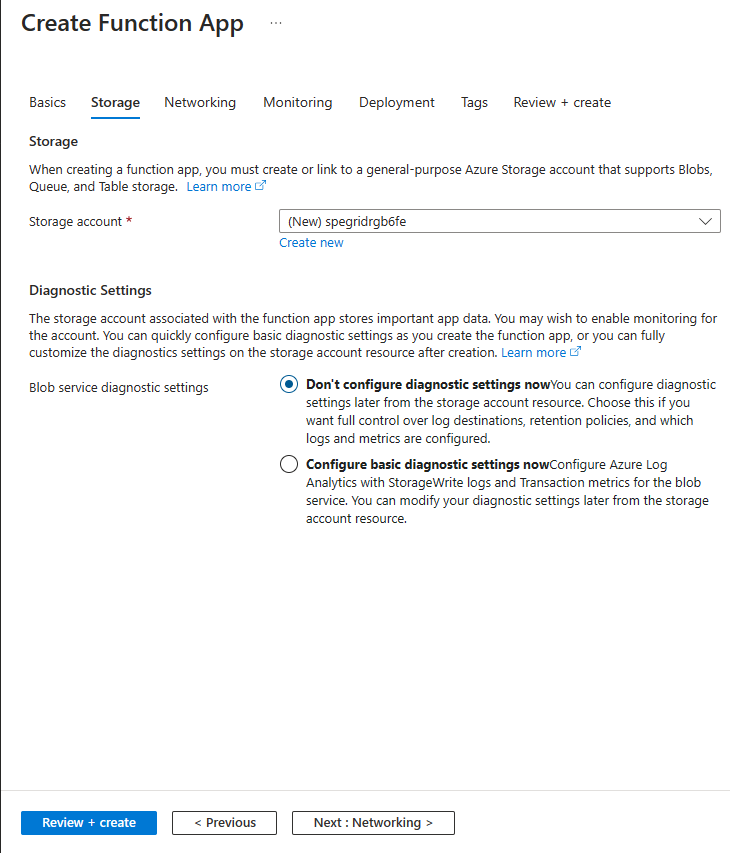 Captura de pantalla que muestra la pestaña Almacenamiento de la página Crear aplicación de funciones.
