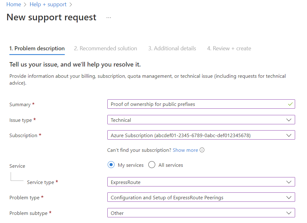 Captura de pantalla que muestra una nueva solicitud de soporte técnico para enviar una prueba de propiedad de prefijos públicos.