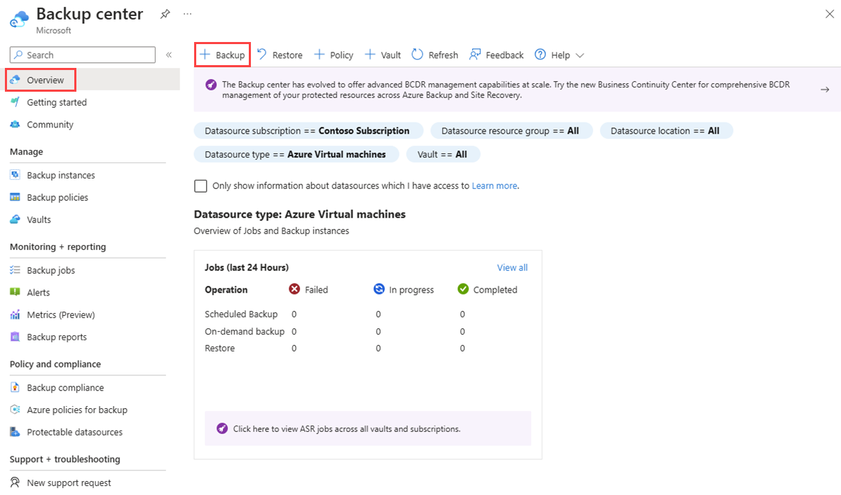 Recorte de pantalla que muestra cómo crear una copia de seguridad desde el Centro de copia de seguridad en Azure Portal.
