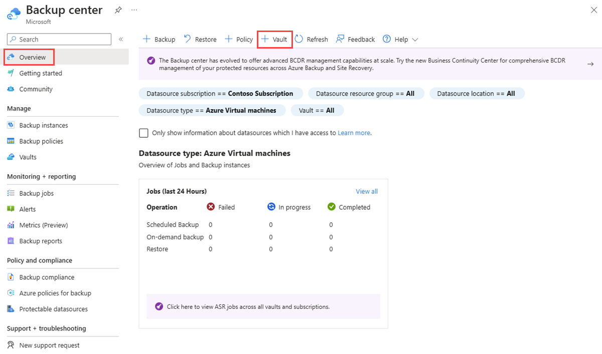 Recorte de pantalla que muestra cómo crear un almacén desde el Centro de copia de seguridad en Azure Portal.