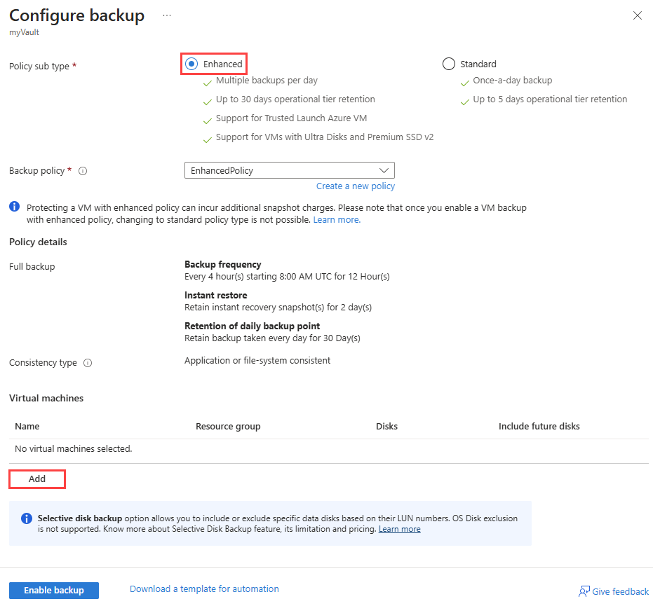 Recorte de pantalla que muestra cómo agregar máquinas virtuales a la directiva de copia de seguridad.