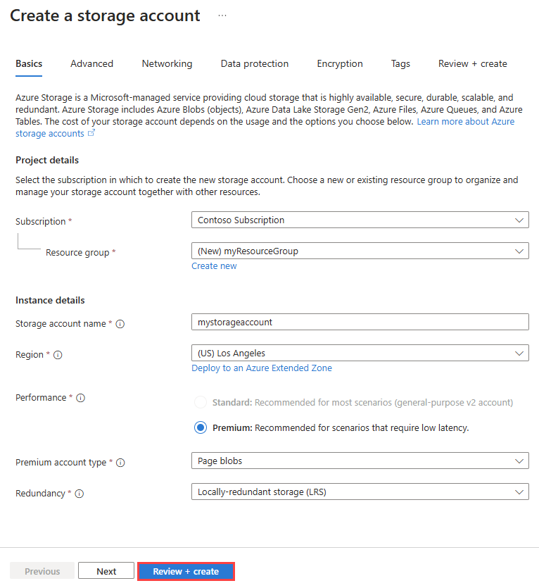 Recorte de pantalla que muestra la pestaña Aspectos básicos de la creación de una cuenta de almacenamiento en una zona extendida de Azure.