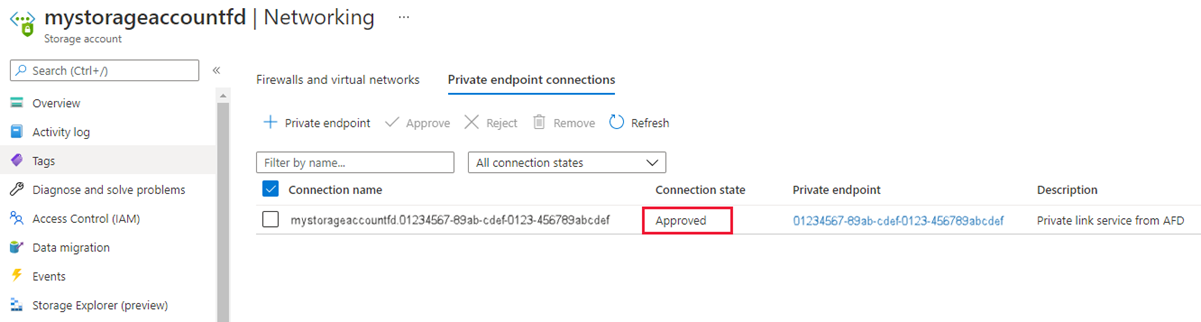 Captura de pantalla de la solicitud aprobada de punto de conexión de almacenamiento.