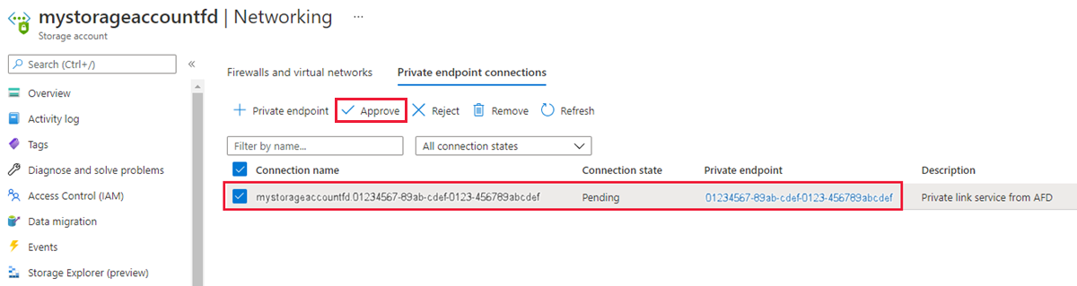 Captura de pantalla de la solicitud de punto de conexión privado de almacenamiento pendiente.