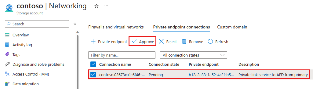 Captura de pantalla de la aprobación de la conexión de punto de conexión privado desde la cuenta de almacenamiento.