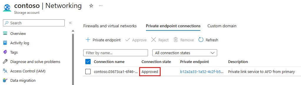 Captura de pantalla de la conexión de punto de conexión privado aprobada desde la cuenta de almacenamiento.