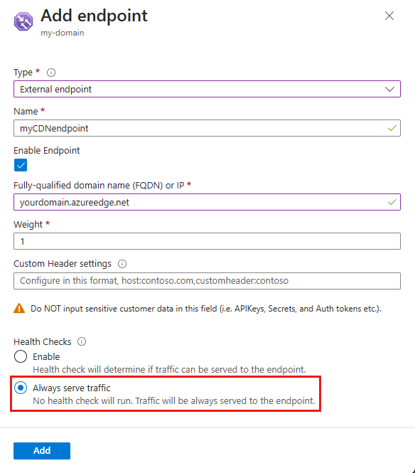 Captura de pantalla de la adición de la CDN de Azure desde Edgio como punto de conexión en Azure Traffic Manager.