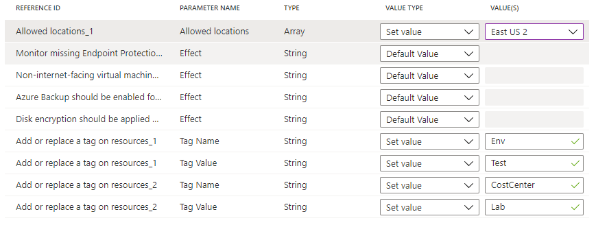 Captura de pantalla de las opciones especificadas para los valores permitidos en el parámetro Ubicaciones permitidas de la definición y los valores de ambos conjuntos de parámetros de etiqueta en la pestaña Parámetros de la directiva de la página Definición de iniciativa.