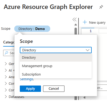 Captura de pantalla del Explorador de Azure Resource Graph para cambiar el ámbito de directorio, grupo de administración o suscripción.