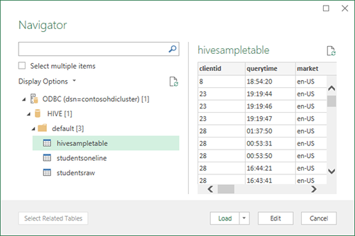 Navegador de Hive ODBC en Excel para HDInsight.