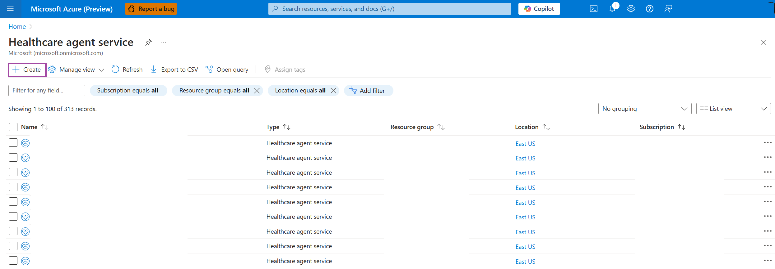 A screenshot of Azure managing Azure Health Bot instances