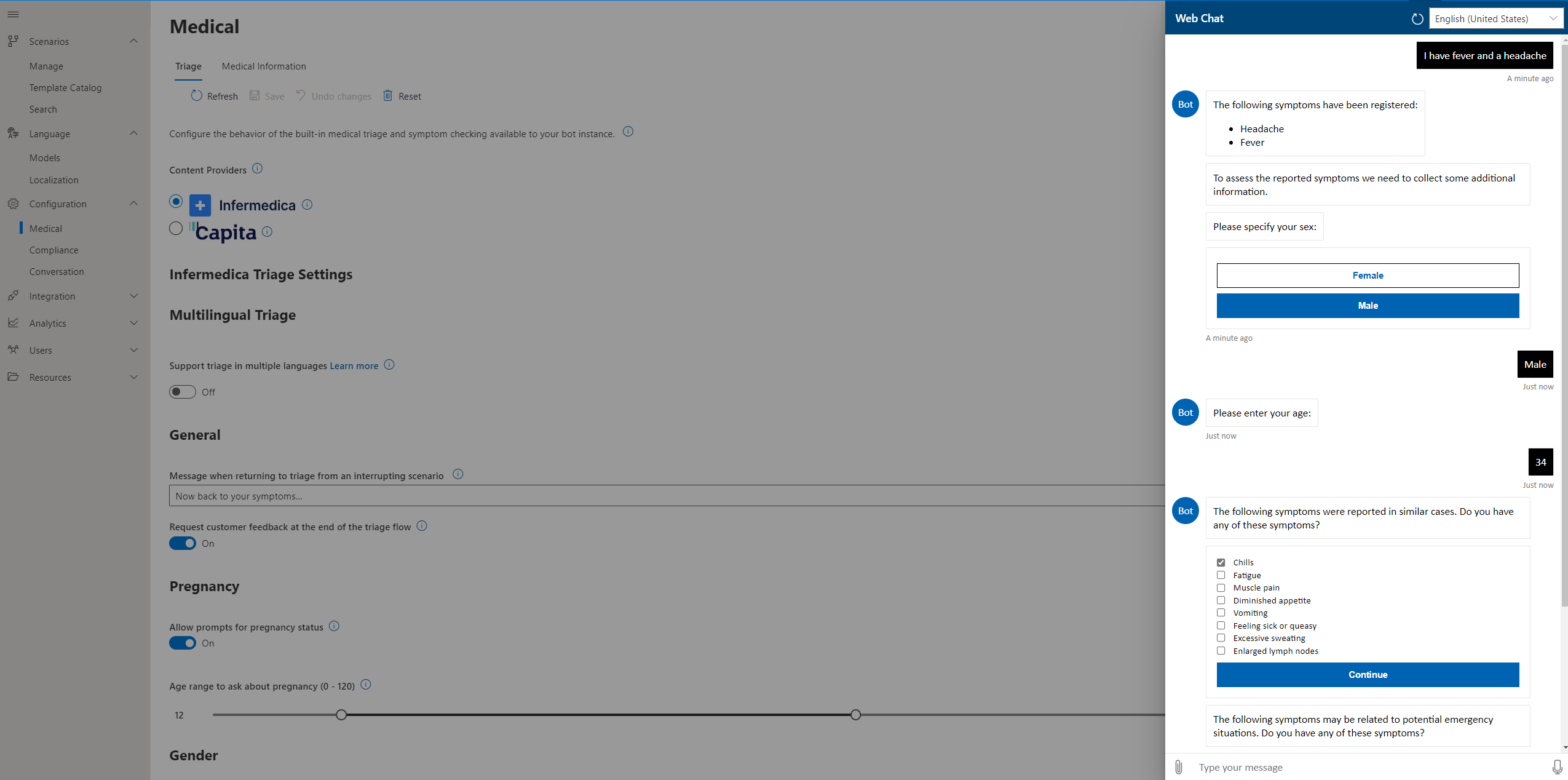 Screenshot of the Infermedica triage in the management portal webchat