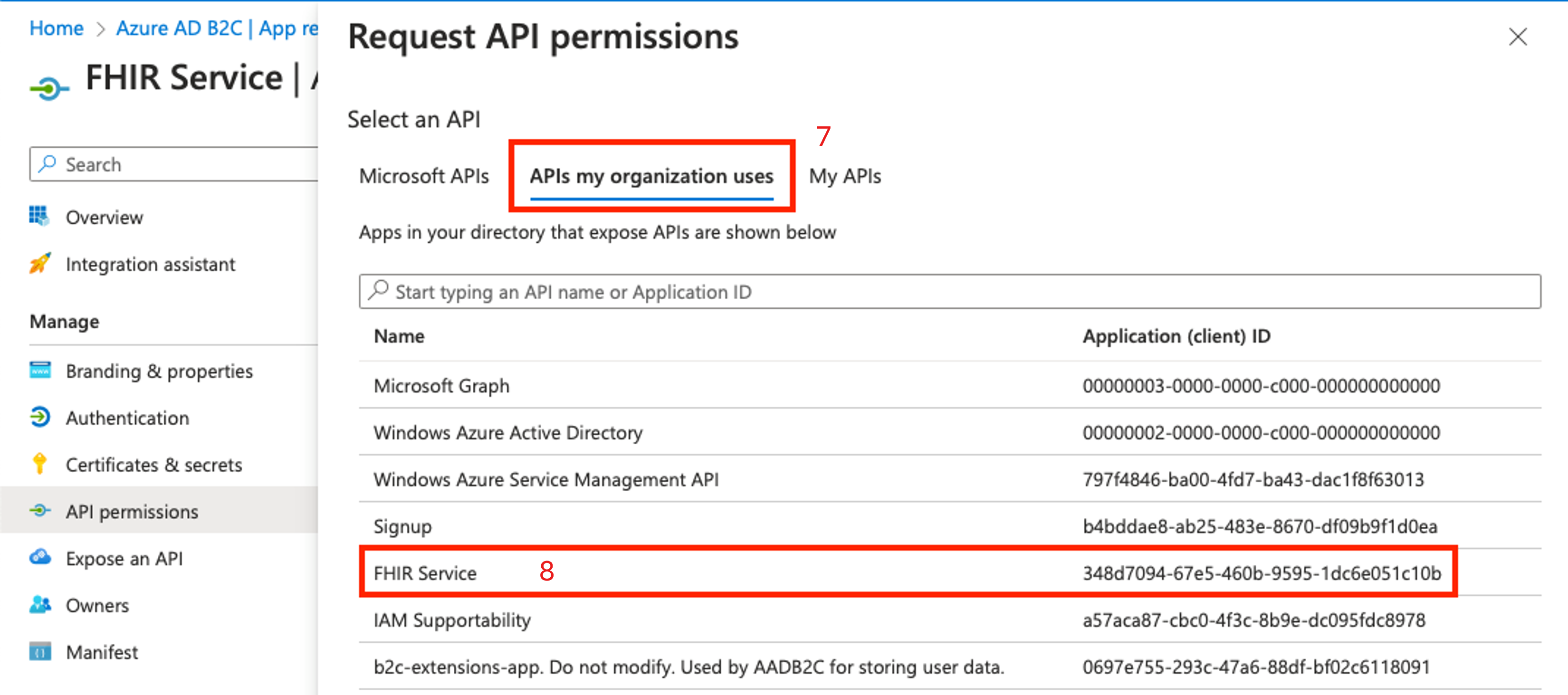 Captura de pantalla que muestra los permisos de API de B2C con las API usadas.
