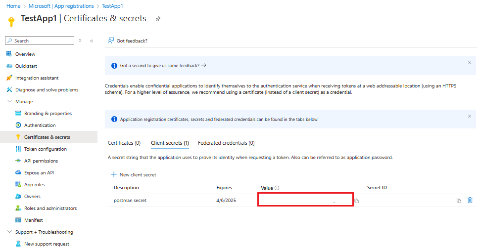 Captura de pantalla que muestra el valor del secreto de cliente recién creado.