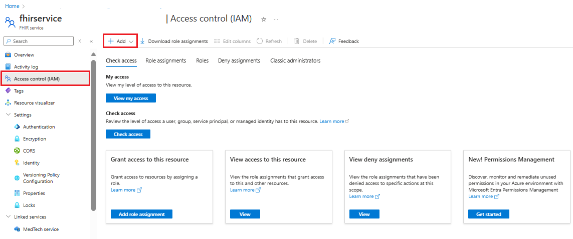 Captura de pantalla que muestra la hoja de control de acceso (IAM) del servicio FHIR del Azure Portal con la opción de agregar una asignación de rol.