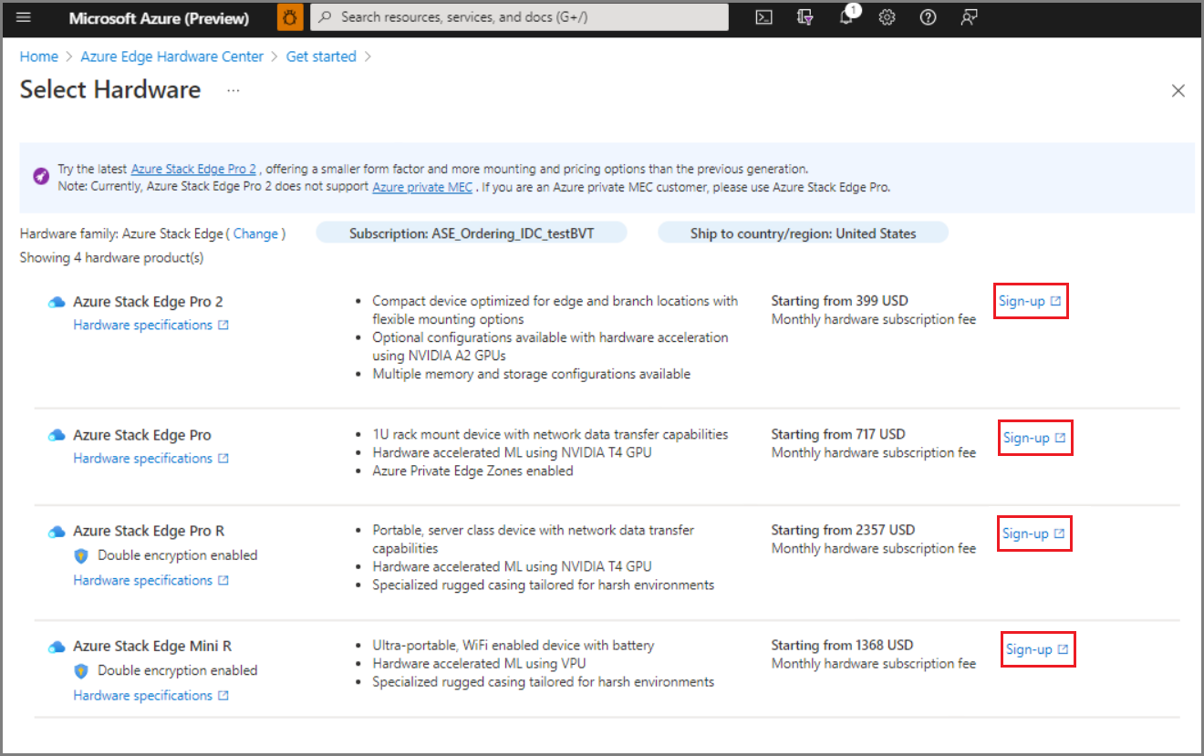 Captura de pantalla del formulario web para clientes que hagan un pedido de hardware de Azure Stack Edge por primera vez. El botón Registrarse para un producto aparece resaltado.