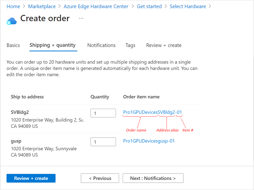 Ilustración de la pestaña Shipping Plus Quantity (Envío y cantidad) para el pedido de Azure Edge Hardware Center con 2 direcciones. Se identifican las partes del nombre de un artículo del pedido.