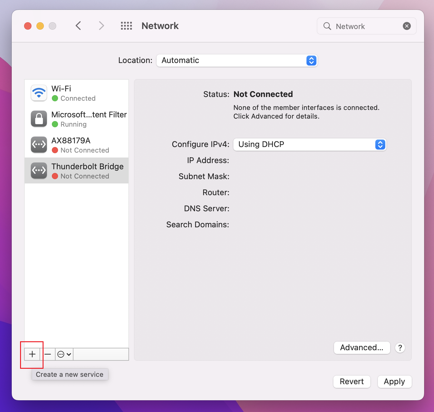 Captura de pantalla que muestra la ventana Red para hacer clic en el signo +.