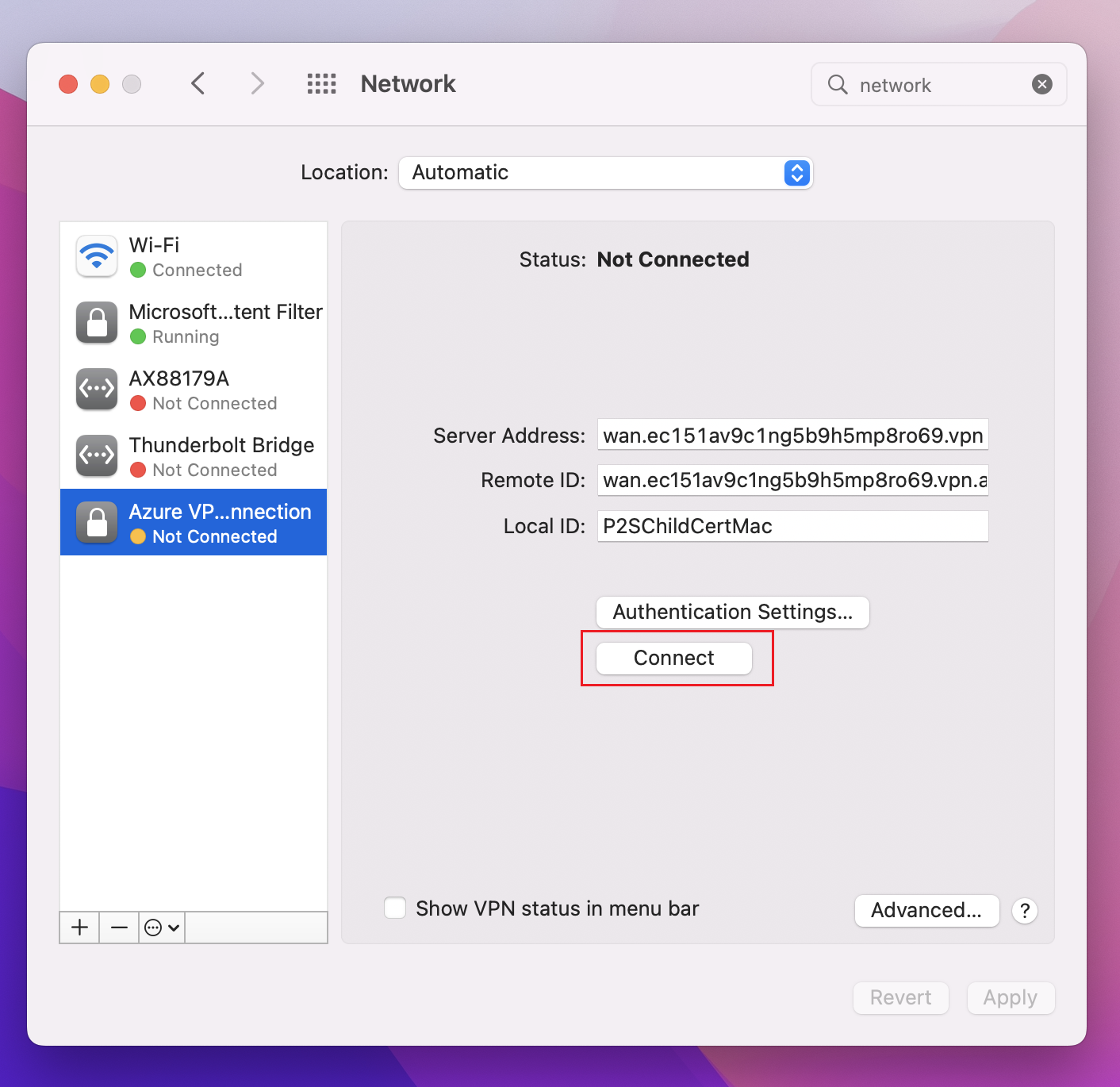 Captura de pantalla que muestra el botón Conectar.