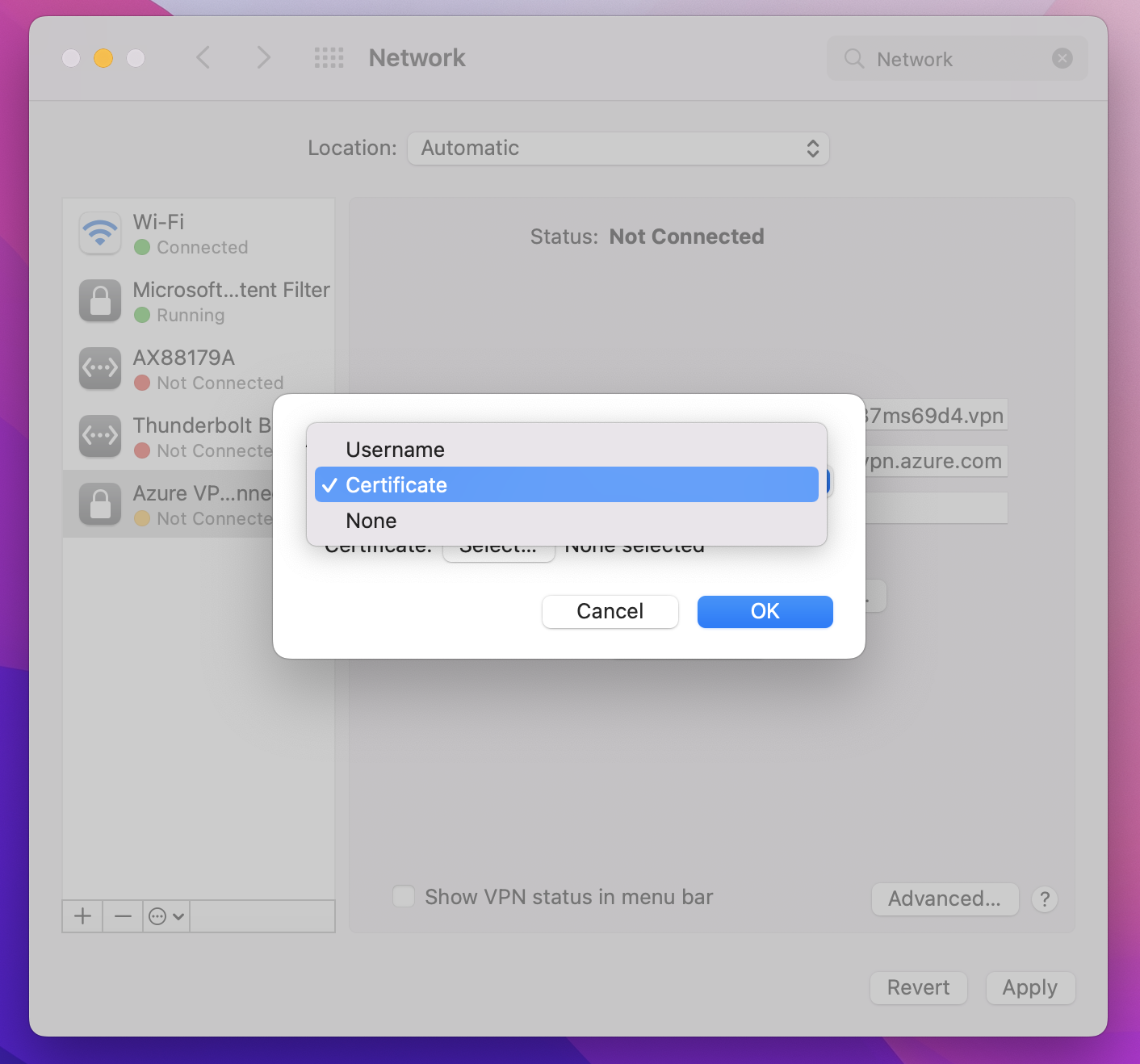 Captura de pantalla que muestra la configuración de autenticación con el certificado seleccionado.