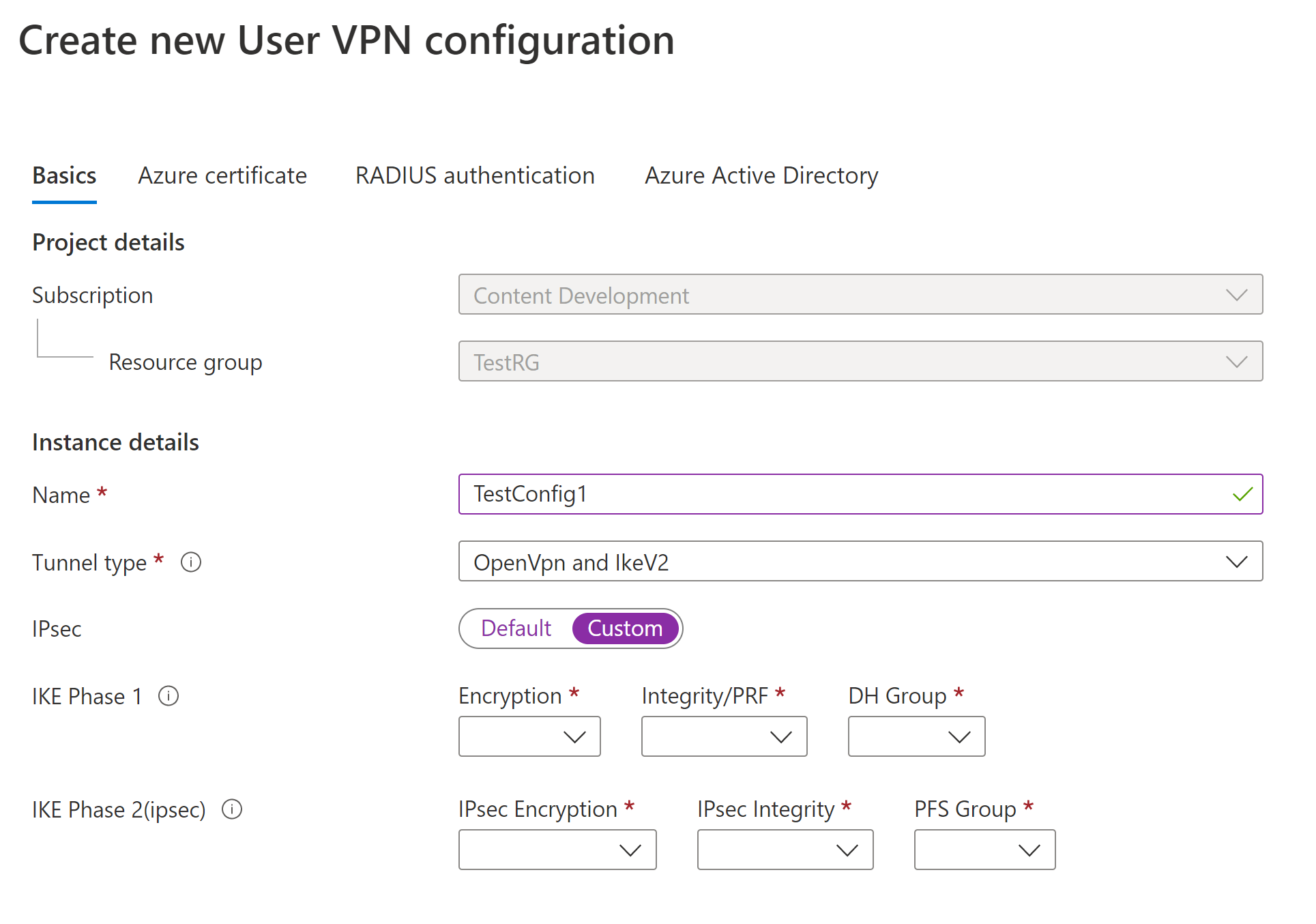 Captura de pantalla del cambio de IPsec a personalizado.