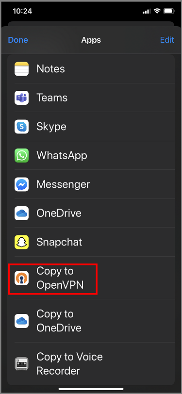 Captura de pantalla que muestra Copiar en OpenVPN.