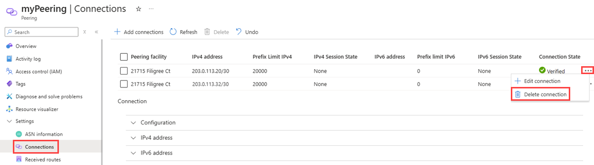 Captura de pantalla que muestra cómo eliminar una conexión de emparejamiento existente.