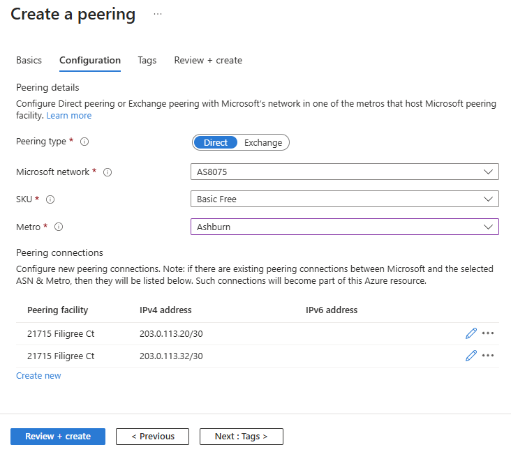 Recorte de pantalla que muestra la pestaña Configuración de la creación de un emparejamiento en Azure Portal.