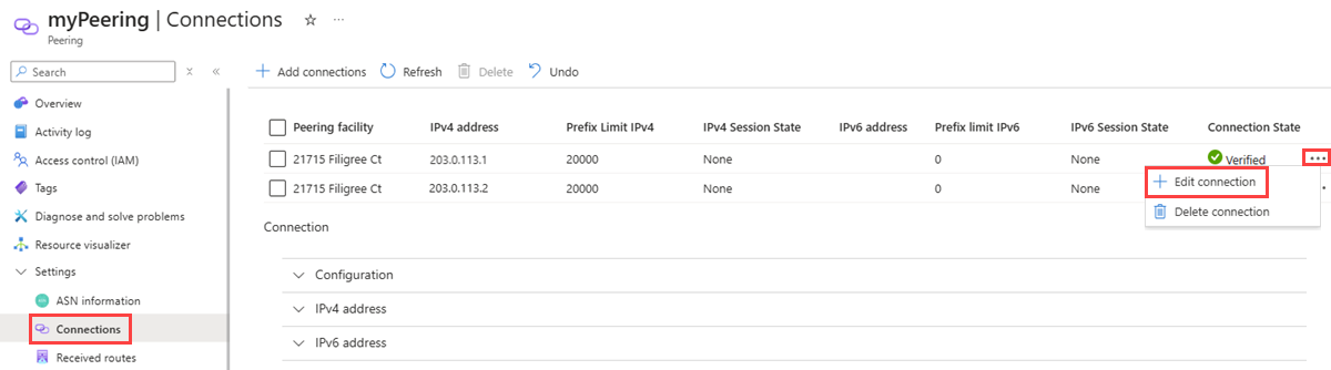 Captura de pantalla que muestra cómo modificar una conexión de emparejamiento existente.