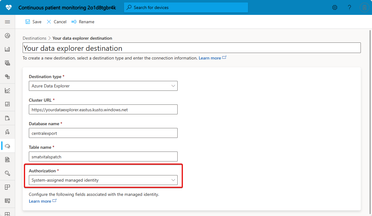 Captura de pantalla del destino de exportación de Azure Data Explorer que usa una identidad administrada.