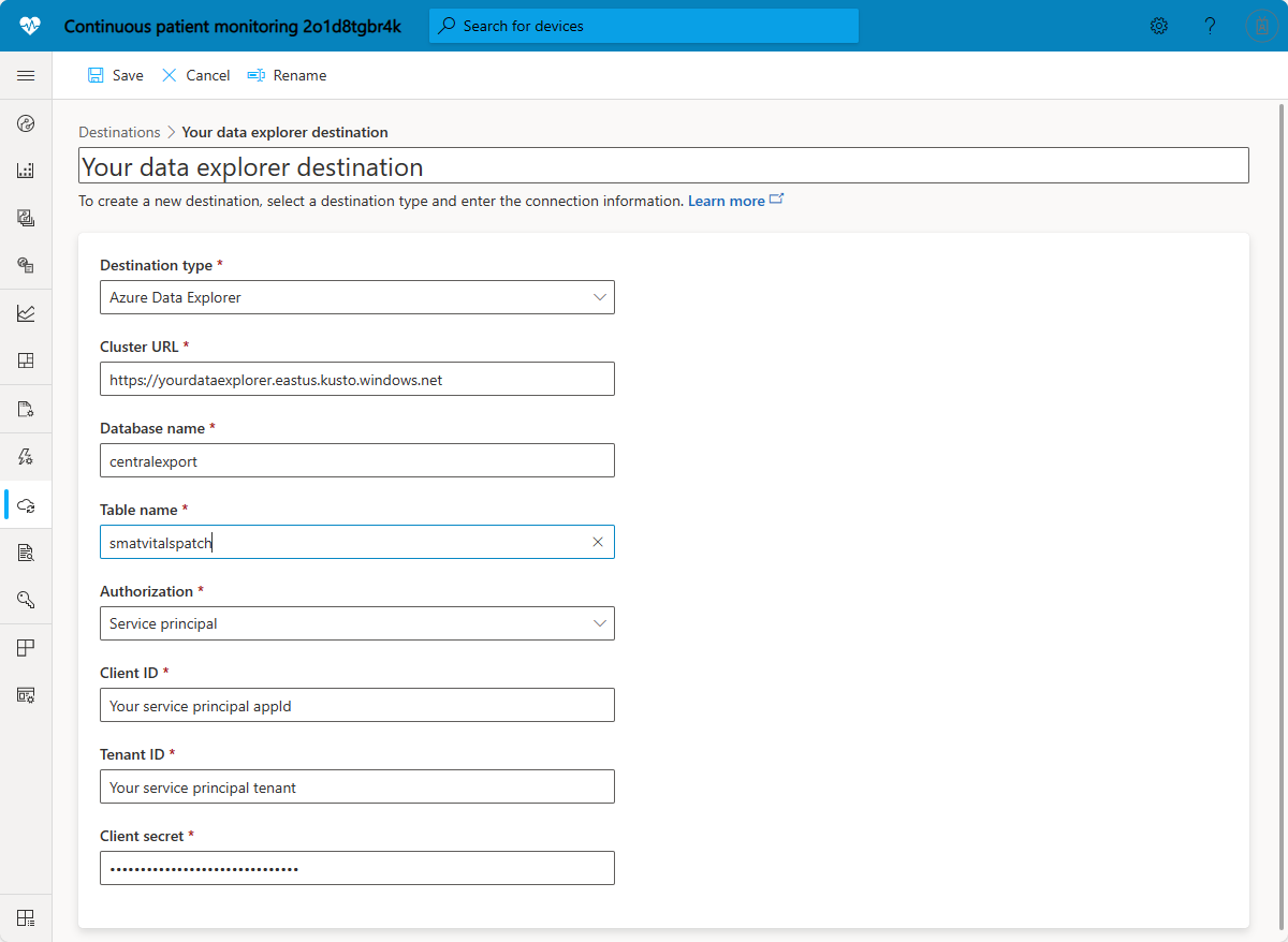 Captura de pantalla del destino de exportación de Azure Data Explorer que usa una entidad de servicio.