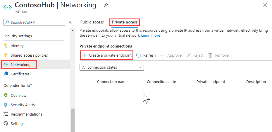 Captura de pantalla en la que se muestra dónde agregar un punto de conexión privado para IoT Hub.
