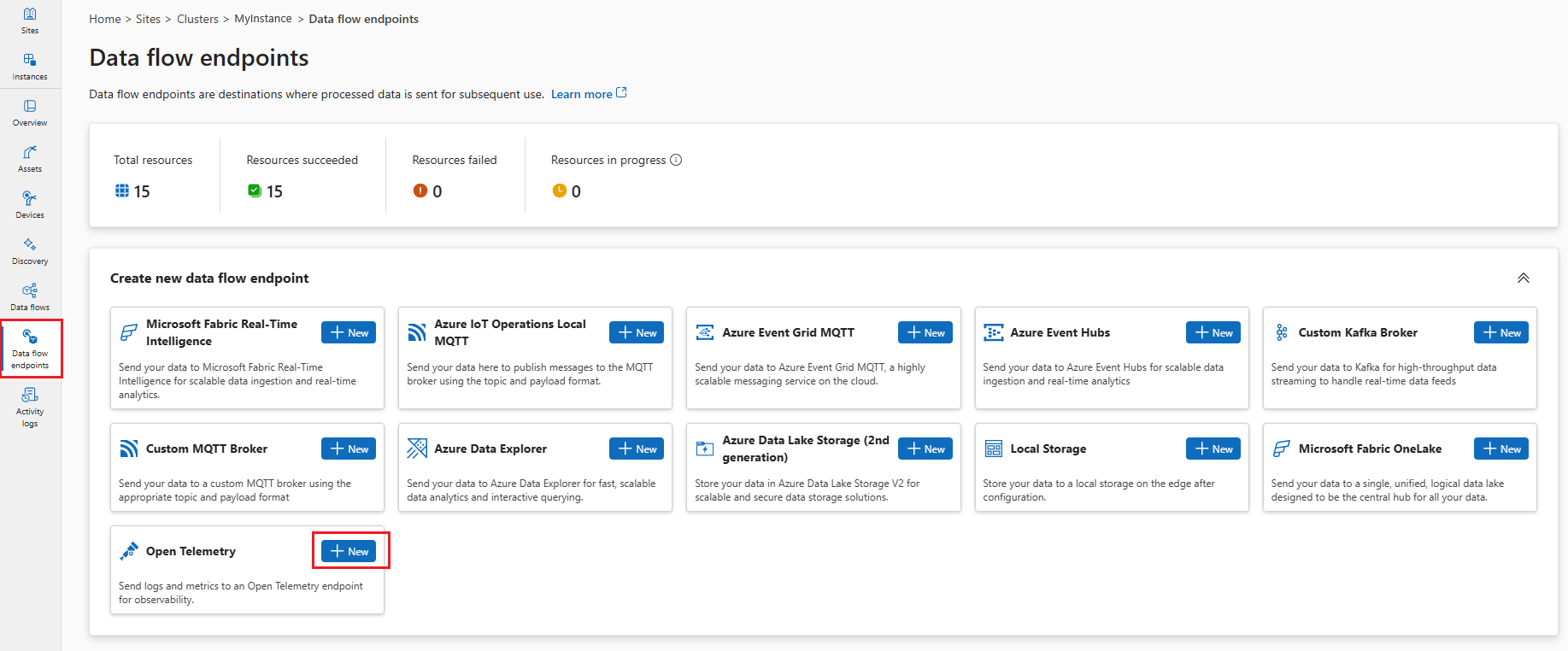Captura de pantalla de la interfaz de experiencia de operaciones que muestra la opción para crear un nuevo punto de conexión de OpenTelemetry