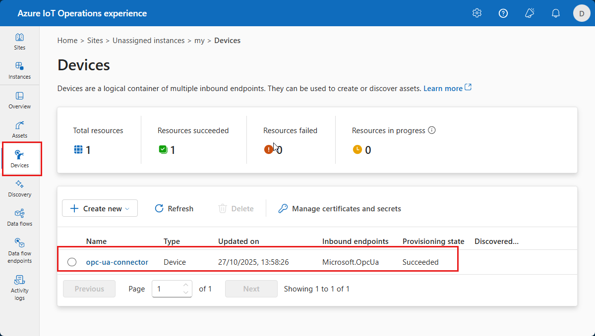 Captura de pantalla de la experiencia de operaciones que muestra una lista de dispositivos.
