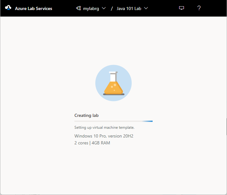 Recorte de pantalla de la página de progreso de creación del laboratorio de Azure Lab Services.