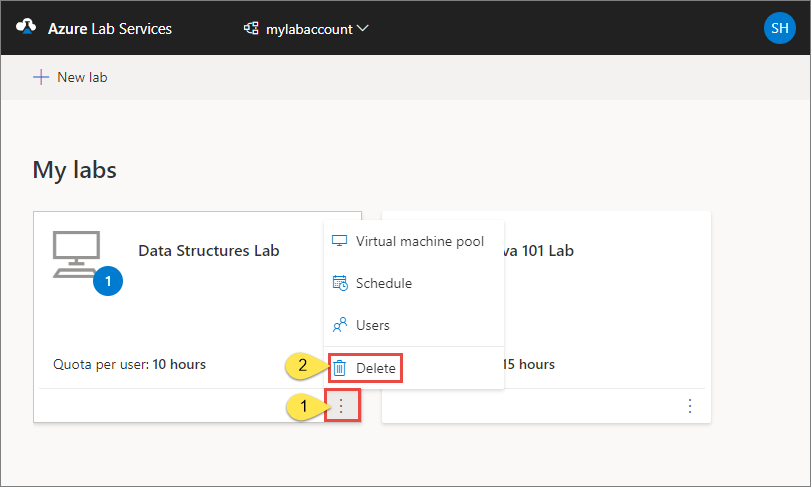 Recorte de pantalla en el que se muestra la página Mis laboratorios en el sitio web de Azure Lab Services y se resalta el botón Eliminar.