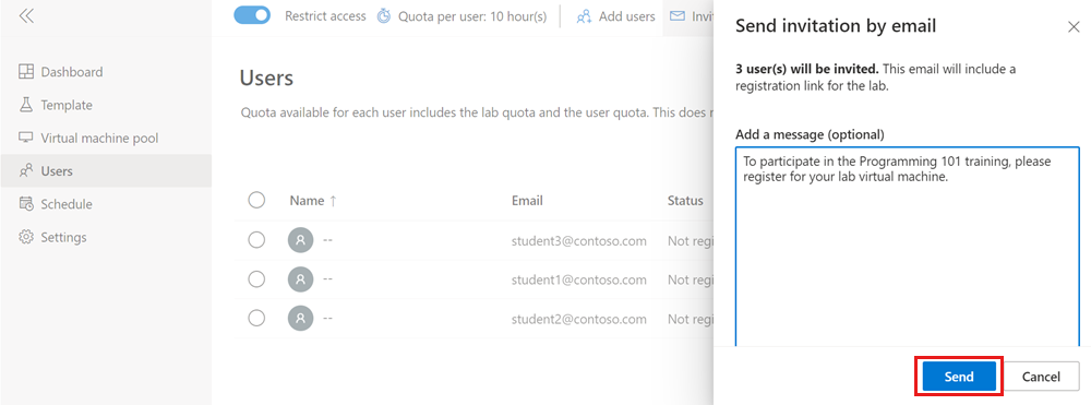 Captura de pantalla que muestra la página Enviar invitación por correo electrónico en el sitio web de Azure Lab Services.