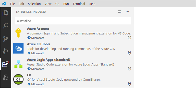 Captura de pantalla que muestra Visual Studio Code con la extensión Azure Logic Apps ( Estándar) instalada.