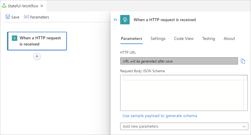 Captura de pantalla que muestra el panel de información para el desencadenador denominado Cuando se recibe una solicitud HTTP.