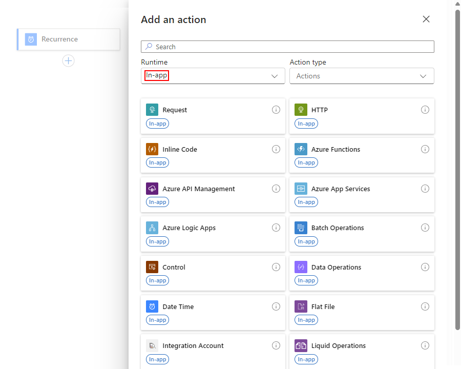 Captura de pantalla que muestra Azure Portal, diseñador para el flujo de trabajo consumo con desencadenador existente, panel denominado Agregar una acción y runtime establecido en la aplicación.
