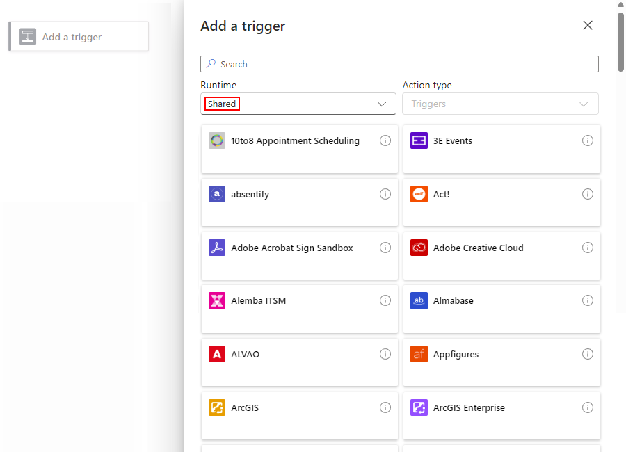 Captura de pantalla que muestra Azure Portal, el diseñador de flujo de trabajo de consumo, el panel denominado Agregar un desencadenador y el Tiempo de ejecución establecido en Compartido.