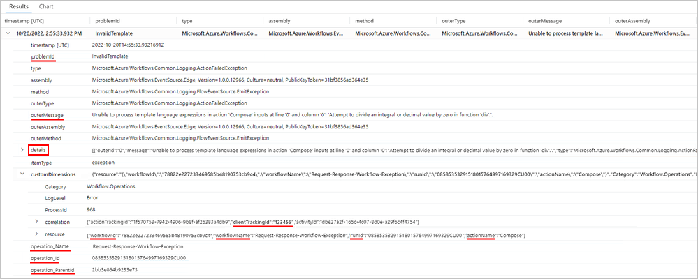 Screenshot shows Application Insights, Results tab for exception events with the exception event for the Compose action expanded, and exception details.